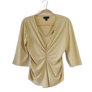 AGB Beige Blouse Top Size M 3/4 Sleeves V Neck